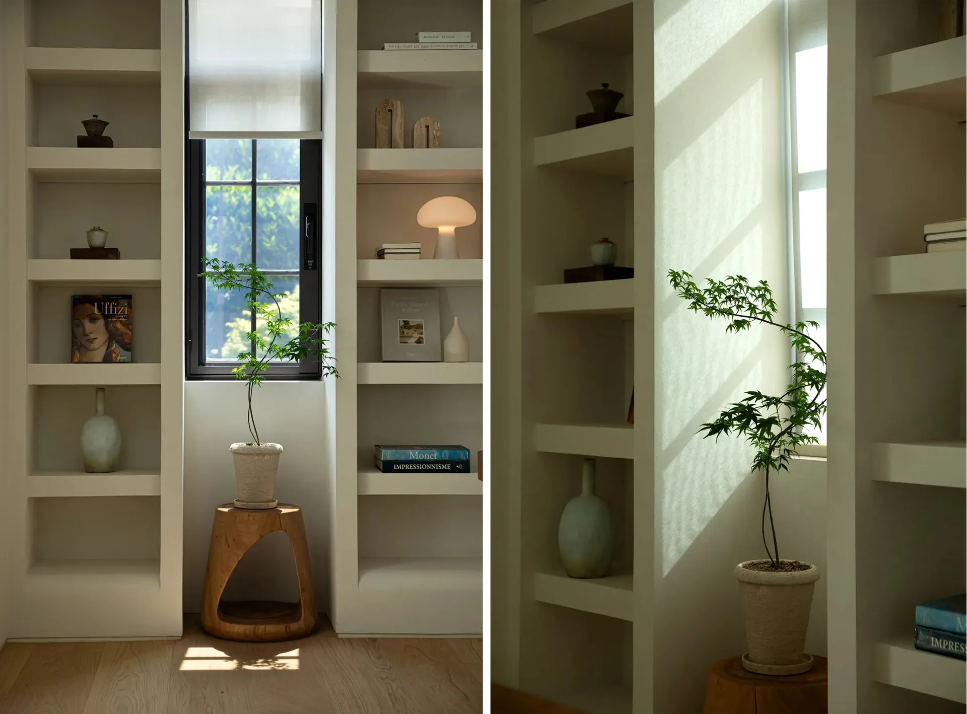 A minimalist living room with built-in shelves featuring books, plants, and decorative items.