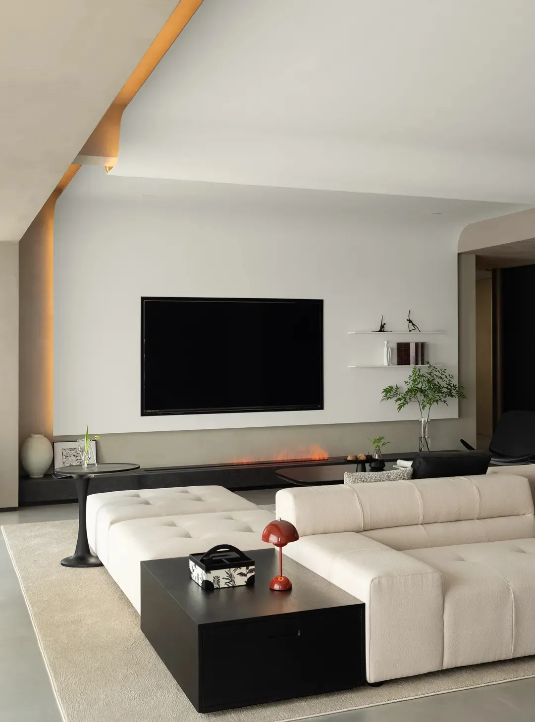 A modern living room with concrete, wood, and glass materials.