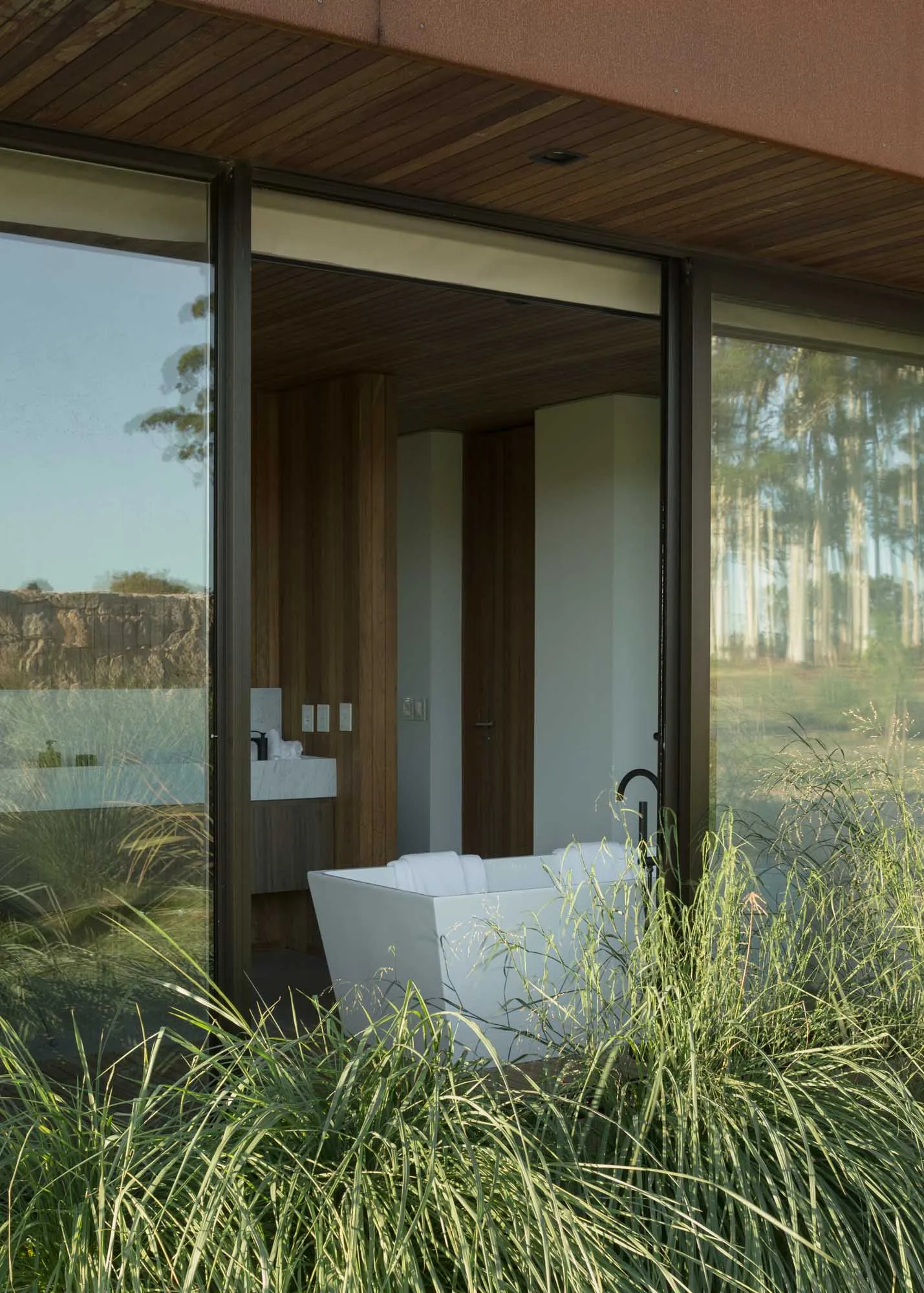 Minimalist bathroom with concrete walls and white freestanding bathtub surrounded by green plants.