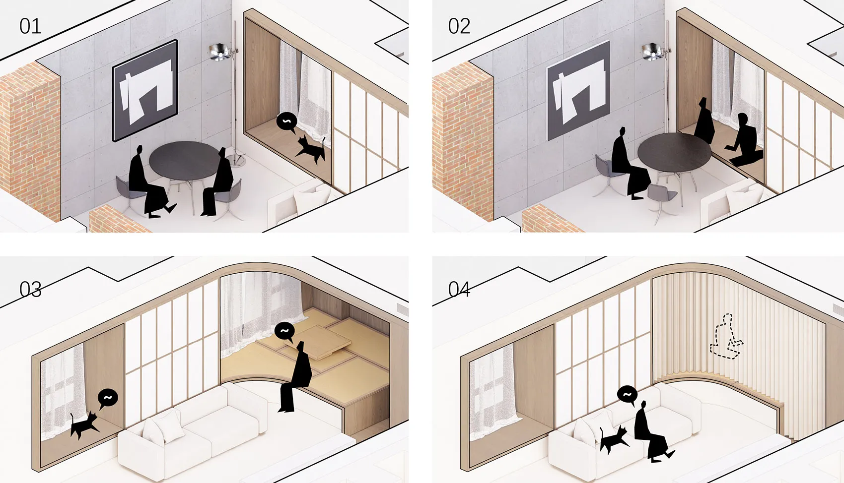 A living room with a sofa, coffee table, and cat, depicted in a rendered architectural style.
