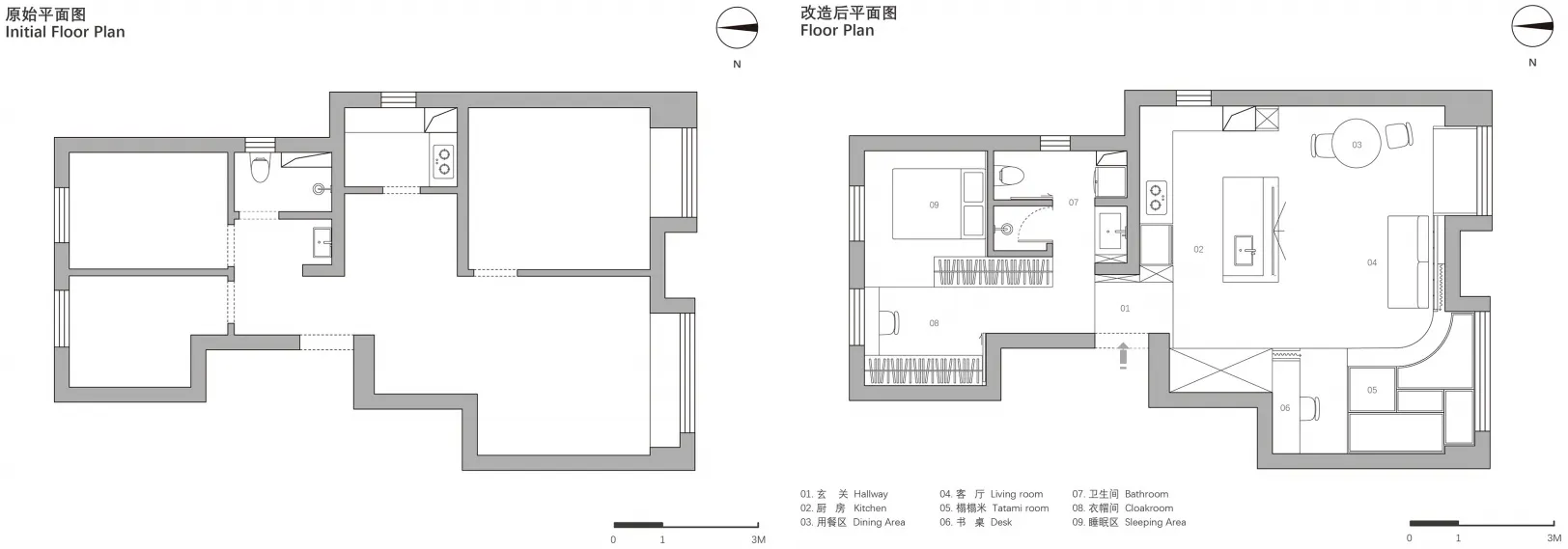 Floor plan drawings comparing the original and renovated conditions of an architectural space, featuring labeled sections suc