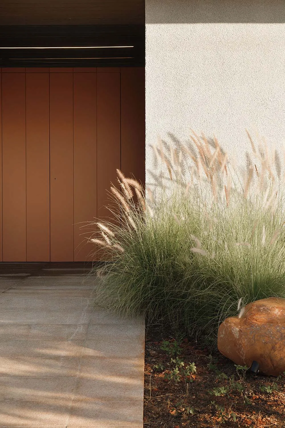 Concrete pathway outdoors with tall green grasses and a textured wall.