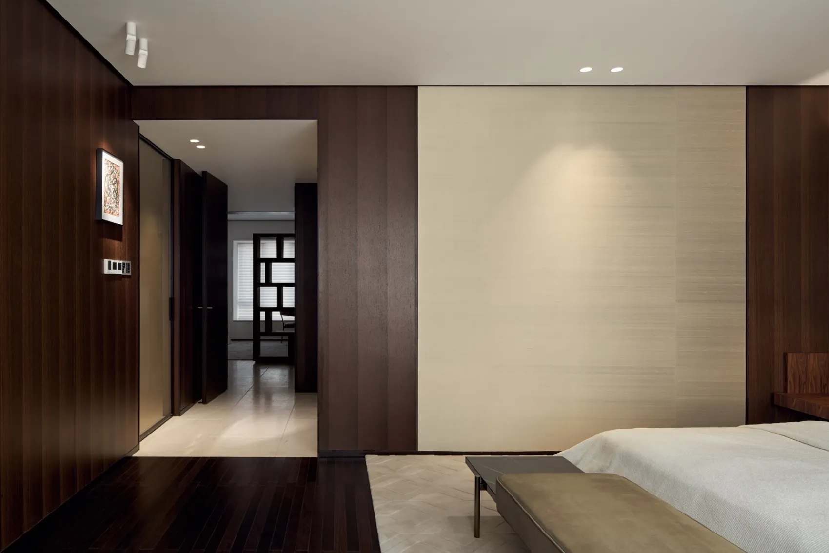 Minimalist design bedroom featuring fabric, showcasing a sleek, elegant and comfortable living space.