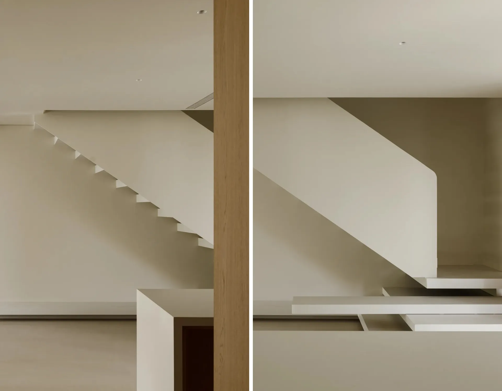 Modern staircase featuring clean lines and minimalist design, constructed from white concrete.