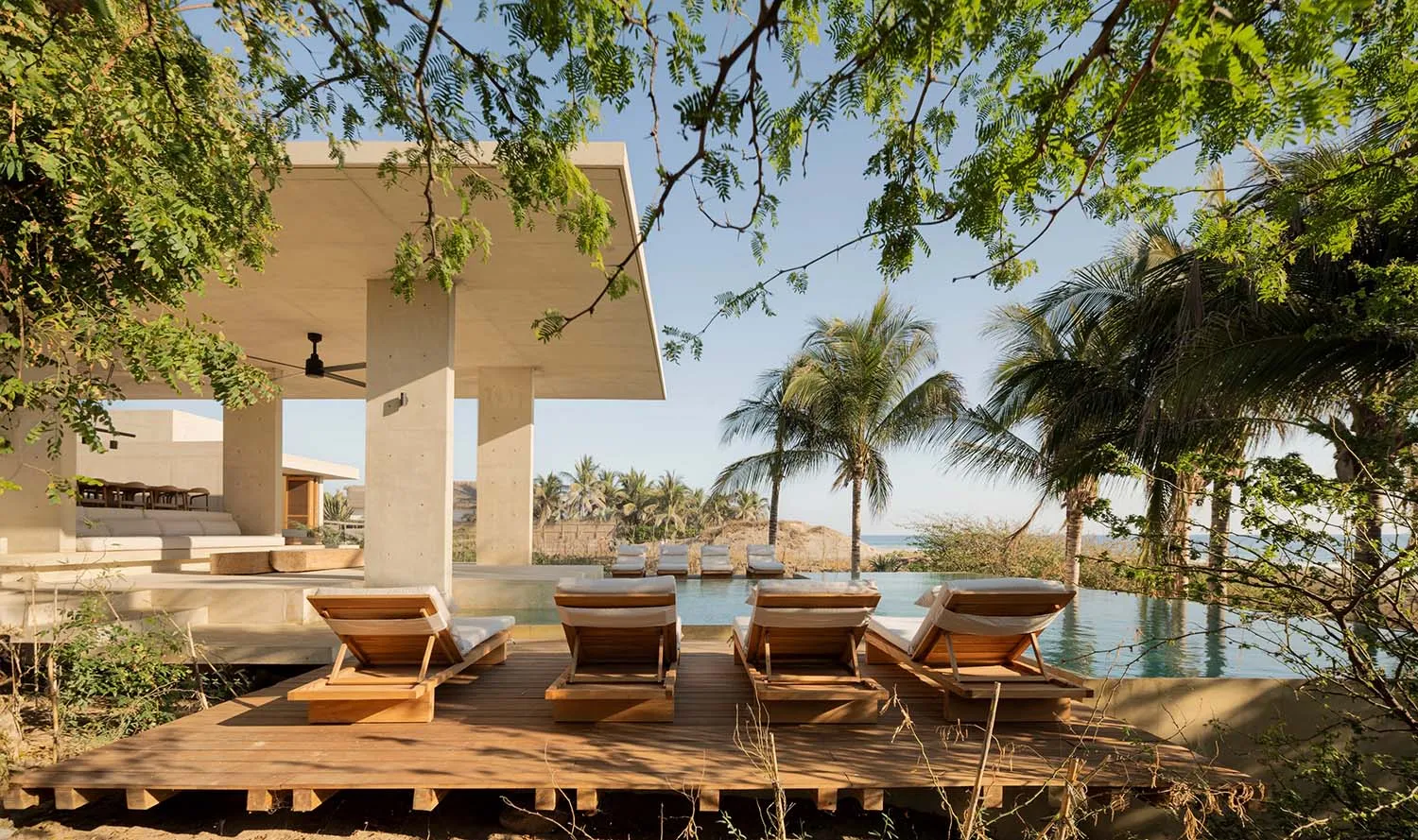 A modern residential outdoor area featuring an infinity pool, wooden deck chairs, and concrete structures surrounded by palm