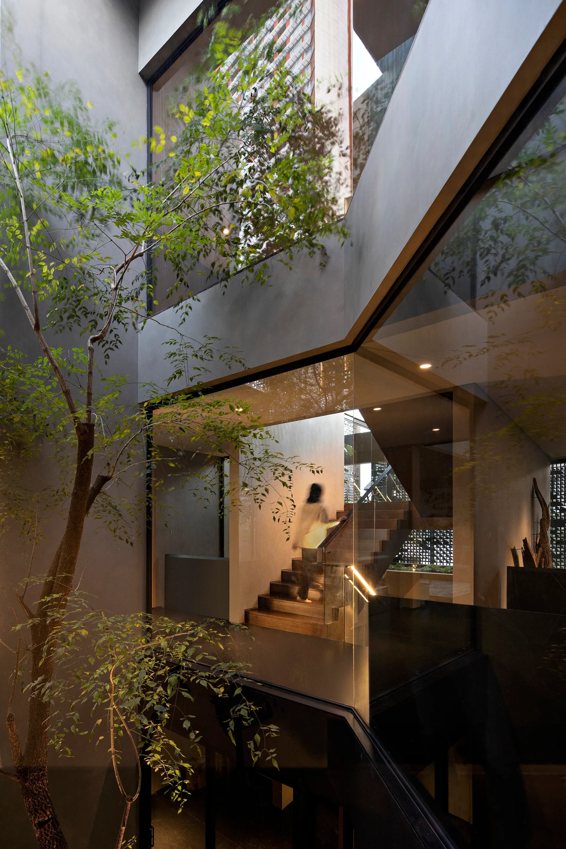 A modern residential staircase with glass railings and wooden steps is surrounded by a green garden.