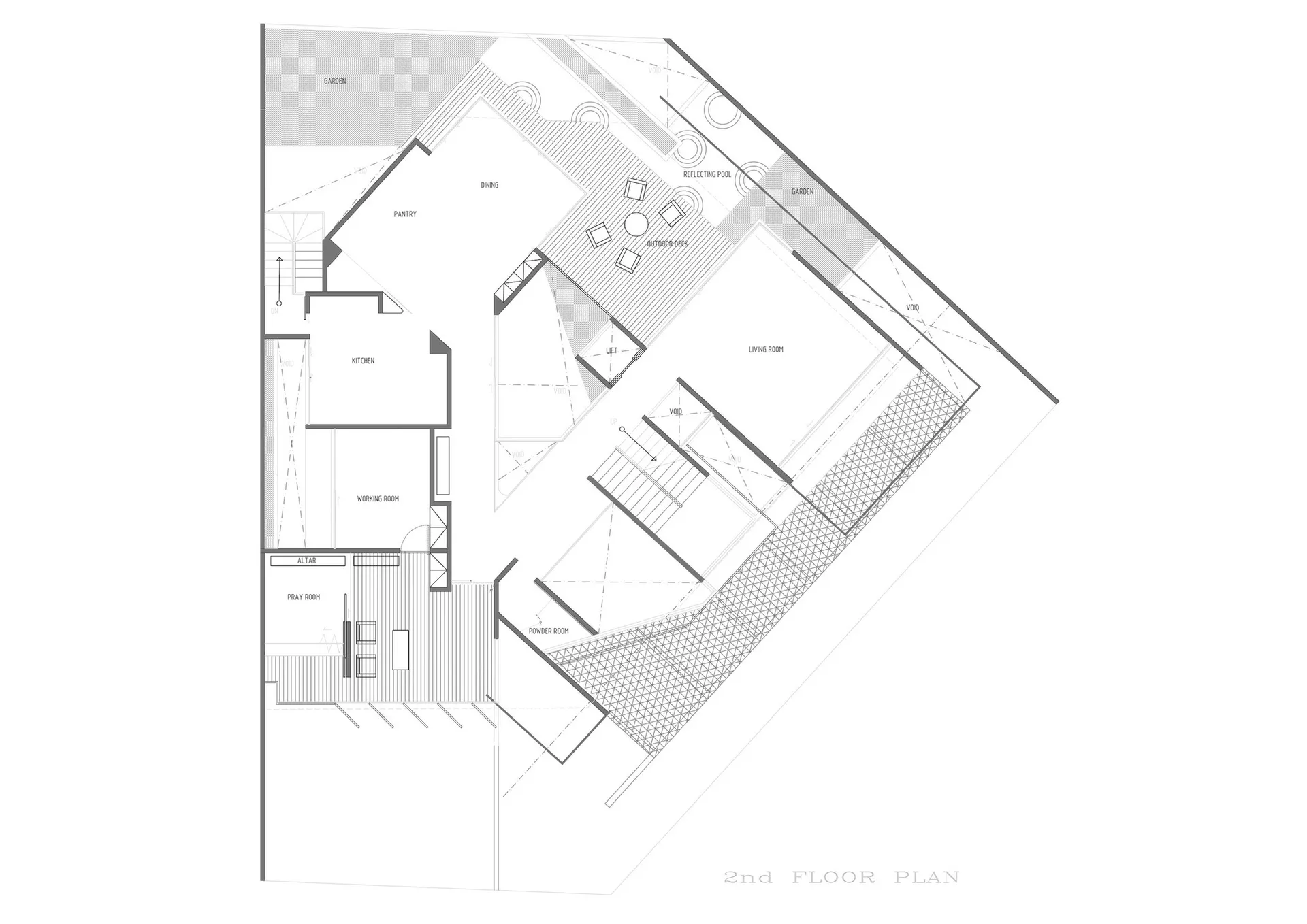 Monochrome architectural plan depicting the layout of a second floor interior