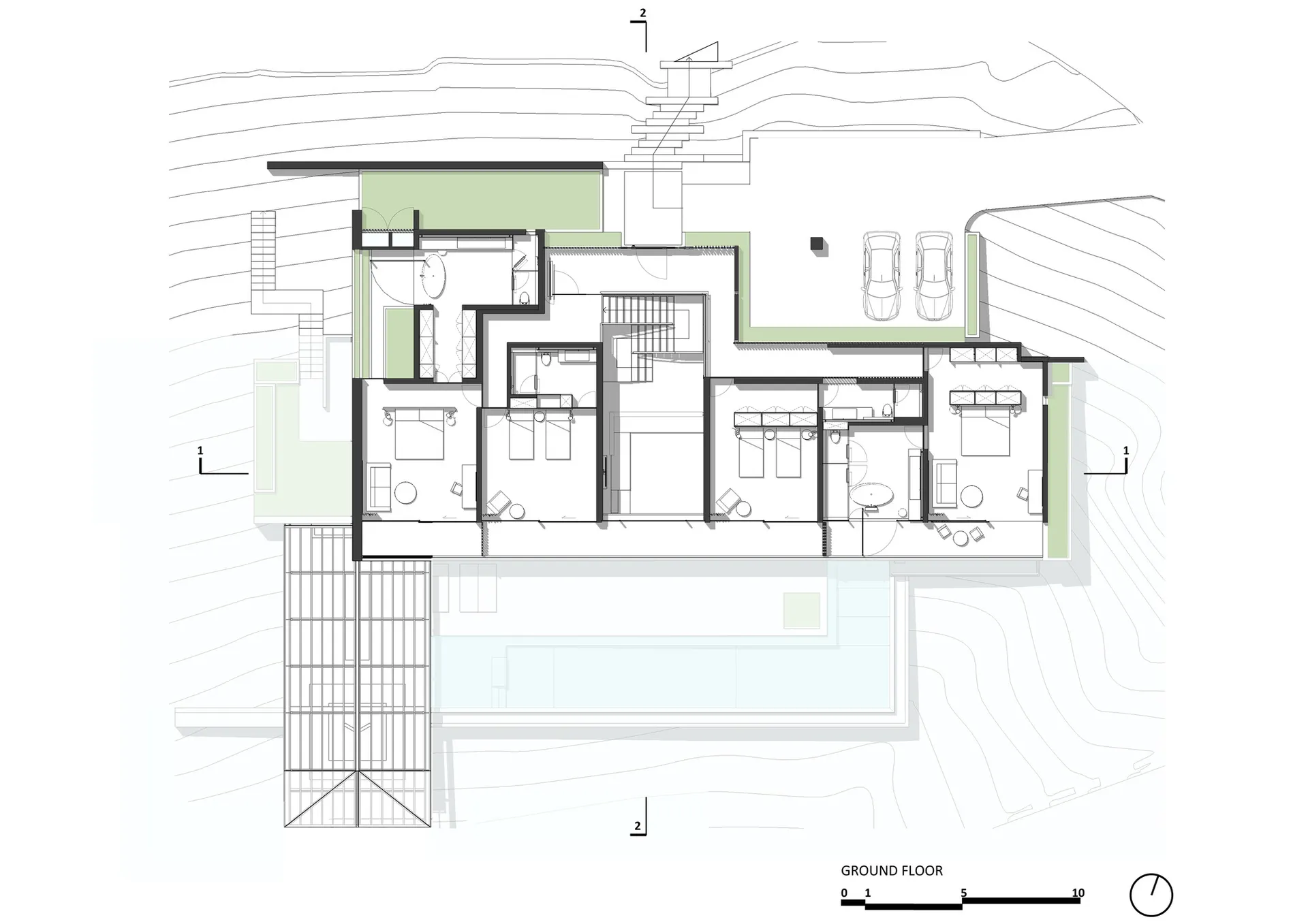 Modern interior design floor plan featuring a combination of concrete, glass, and metal materials