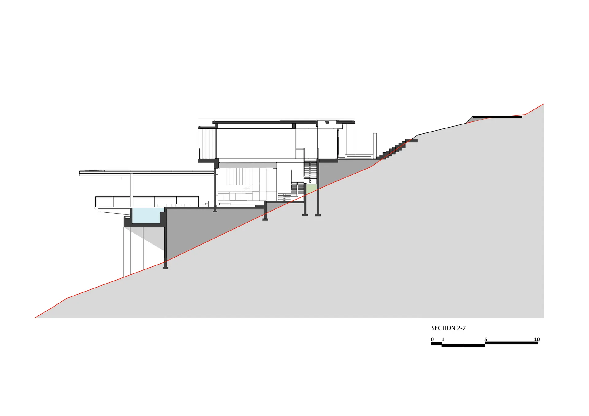 A modern residential house section plan showing the architectural design on a hillside.