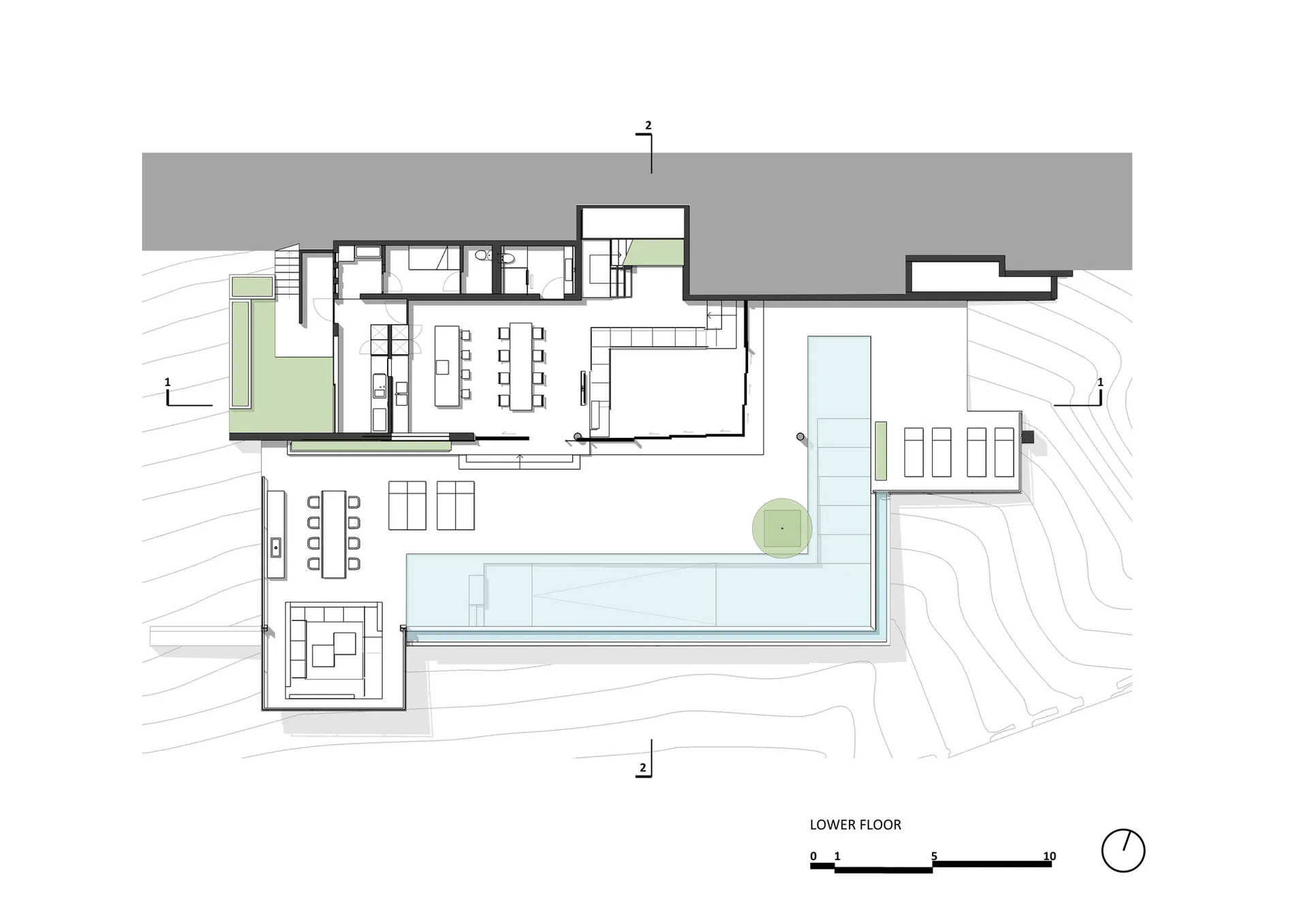 現代住宅平面圖的2D建築繪圖，呈現金屬、玻璃與混凝土材質。