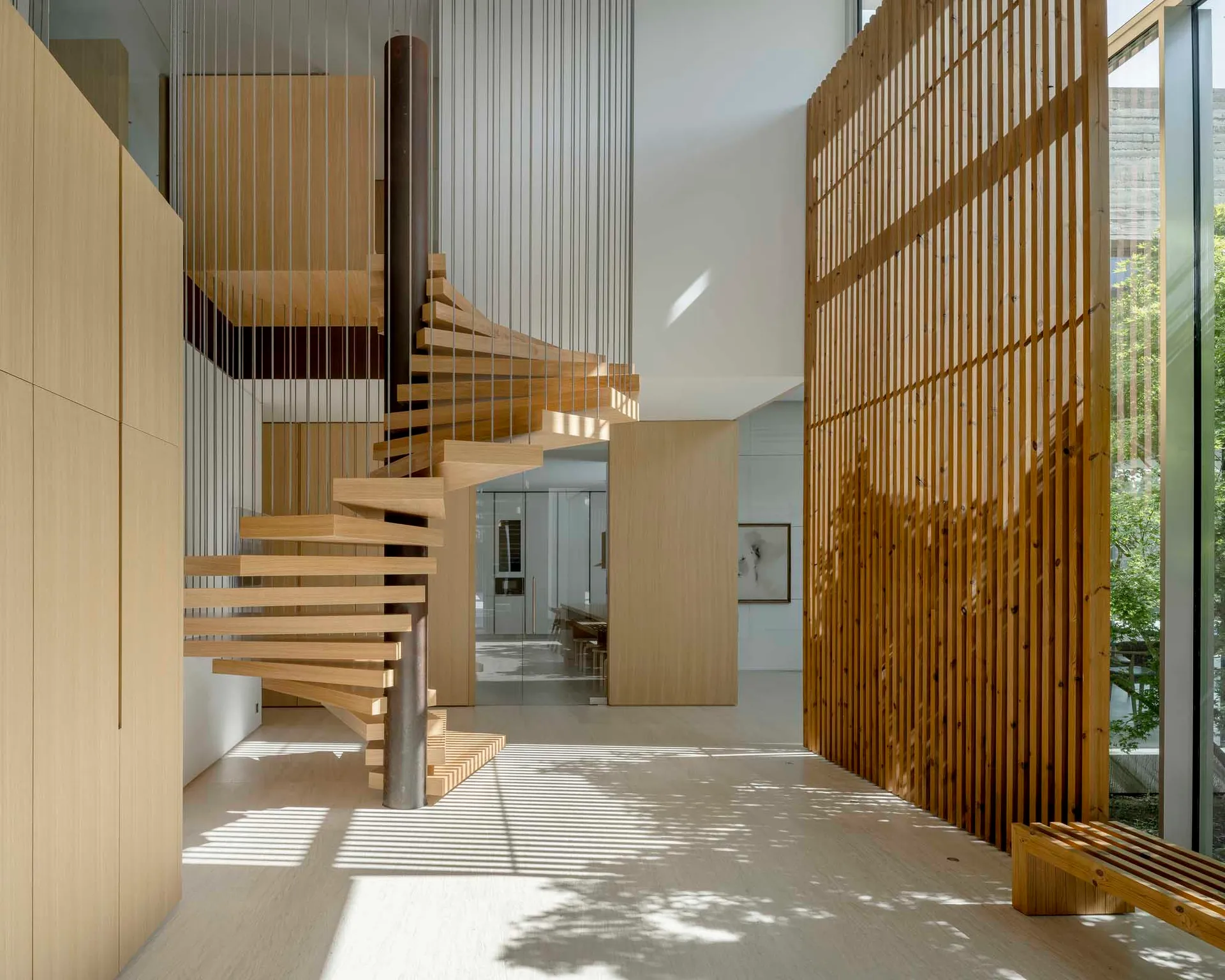 Modern interior design with an open plan and wooden materials