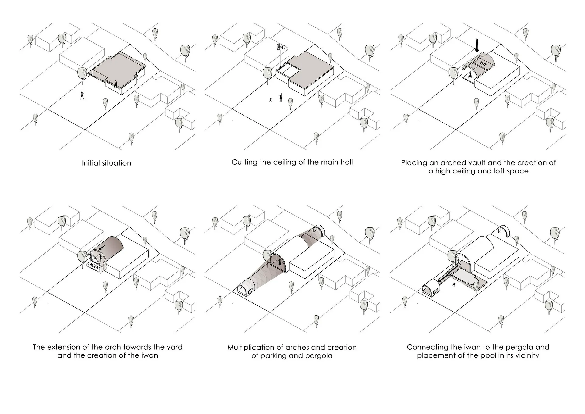 Sequential architectural drawings illustrating a building's extension process