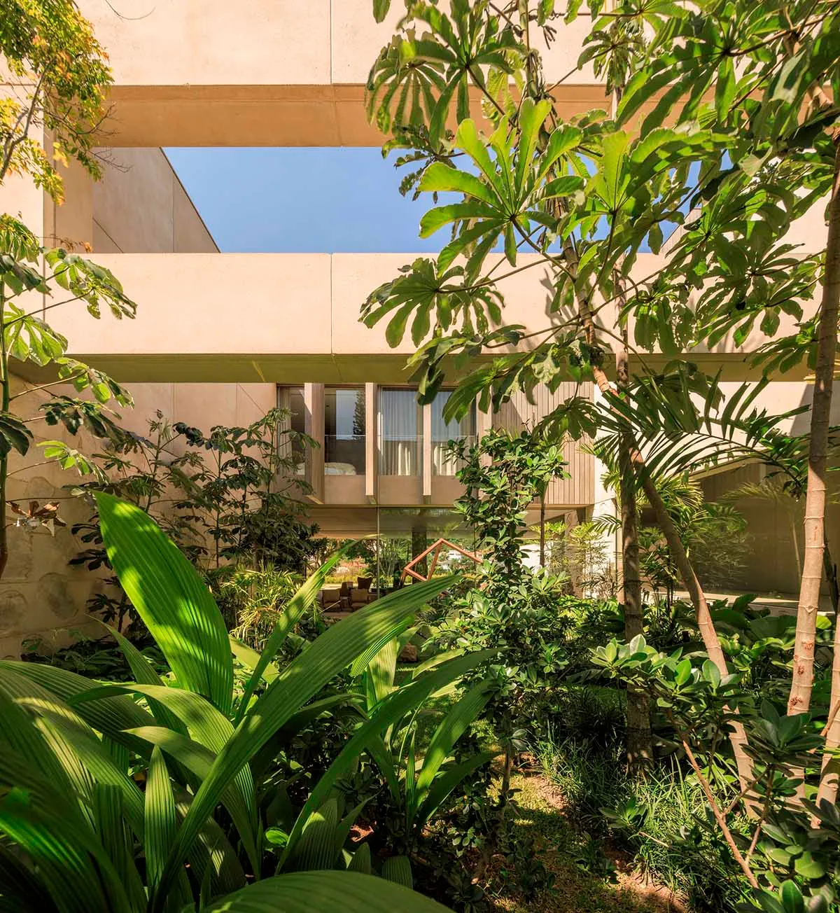 View of a modern interior design featuring lush green plants and natural light, with a focus on sustainable and eco-friendly