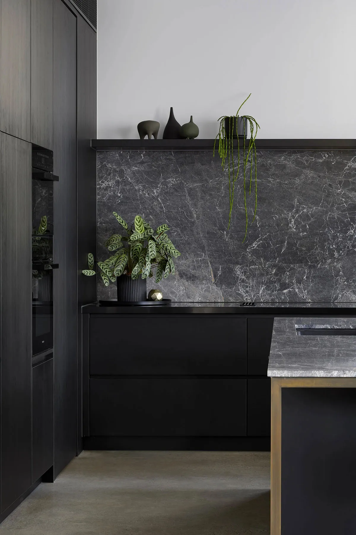 Modern residential kitchen featuring black wood cabinets, marble countertops, and greenery.