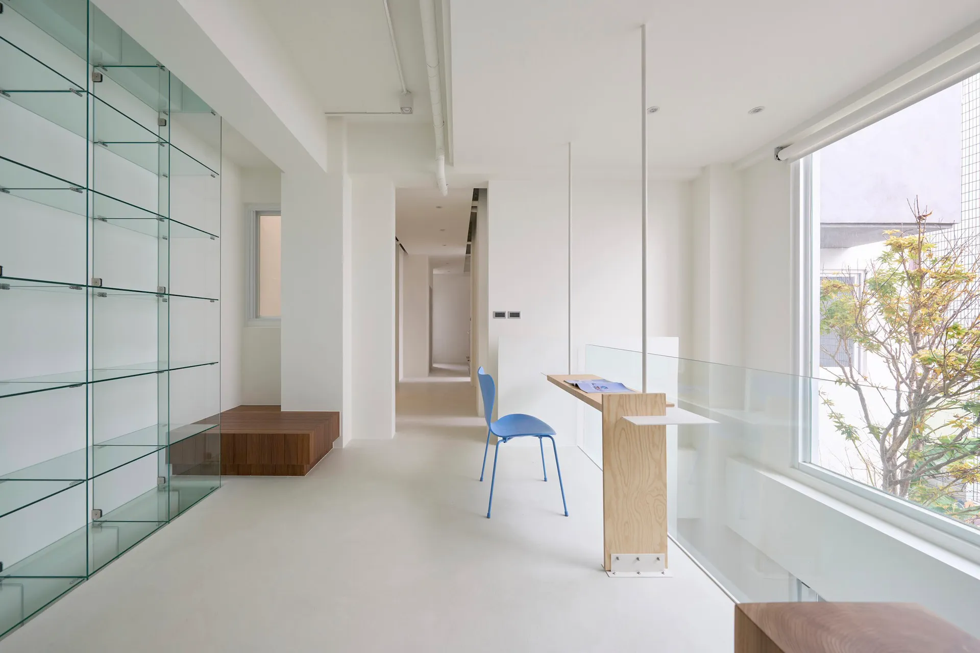 A minimalist office interior featuring a glass shelf unit, a blue chair, and a window view of a tree.