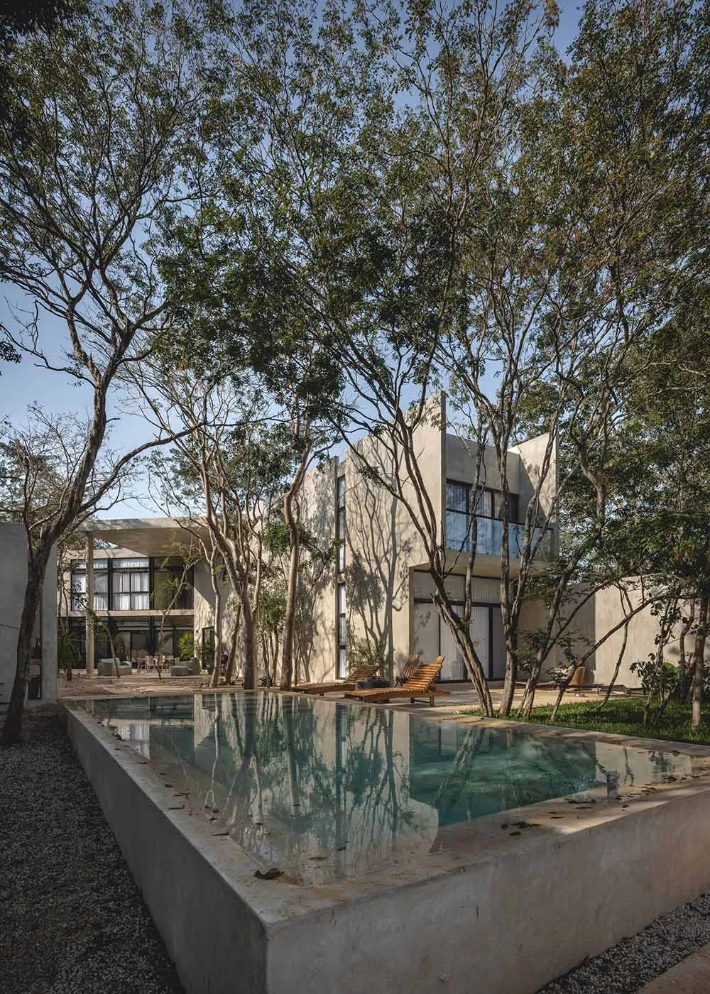 A modern residential pool house with concrete walls and bamboo accents, featuring a large outdoor swimming pool surrounded by