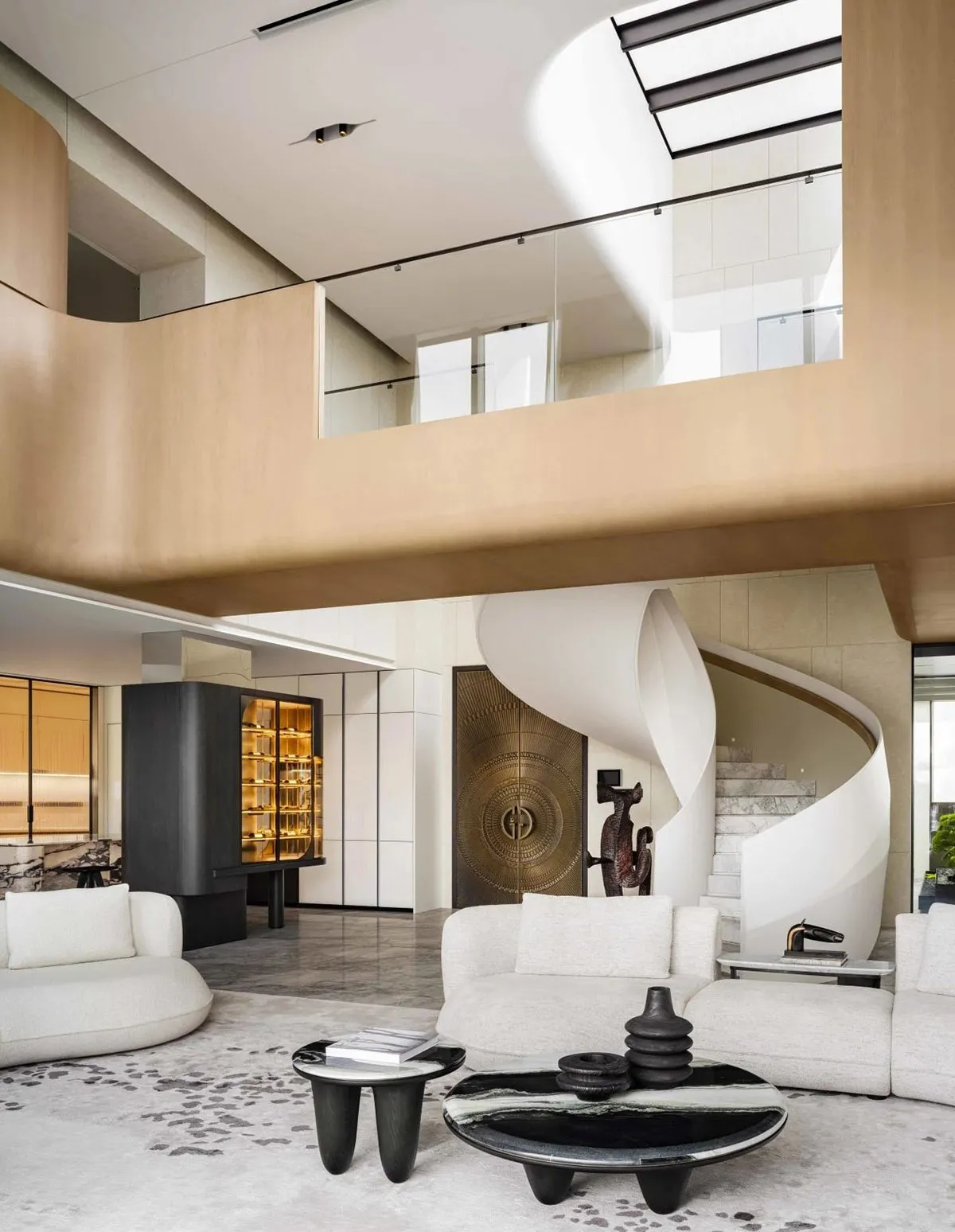 Modern interior design featuring concrete, stone, and marble elements.