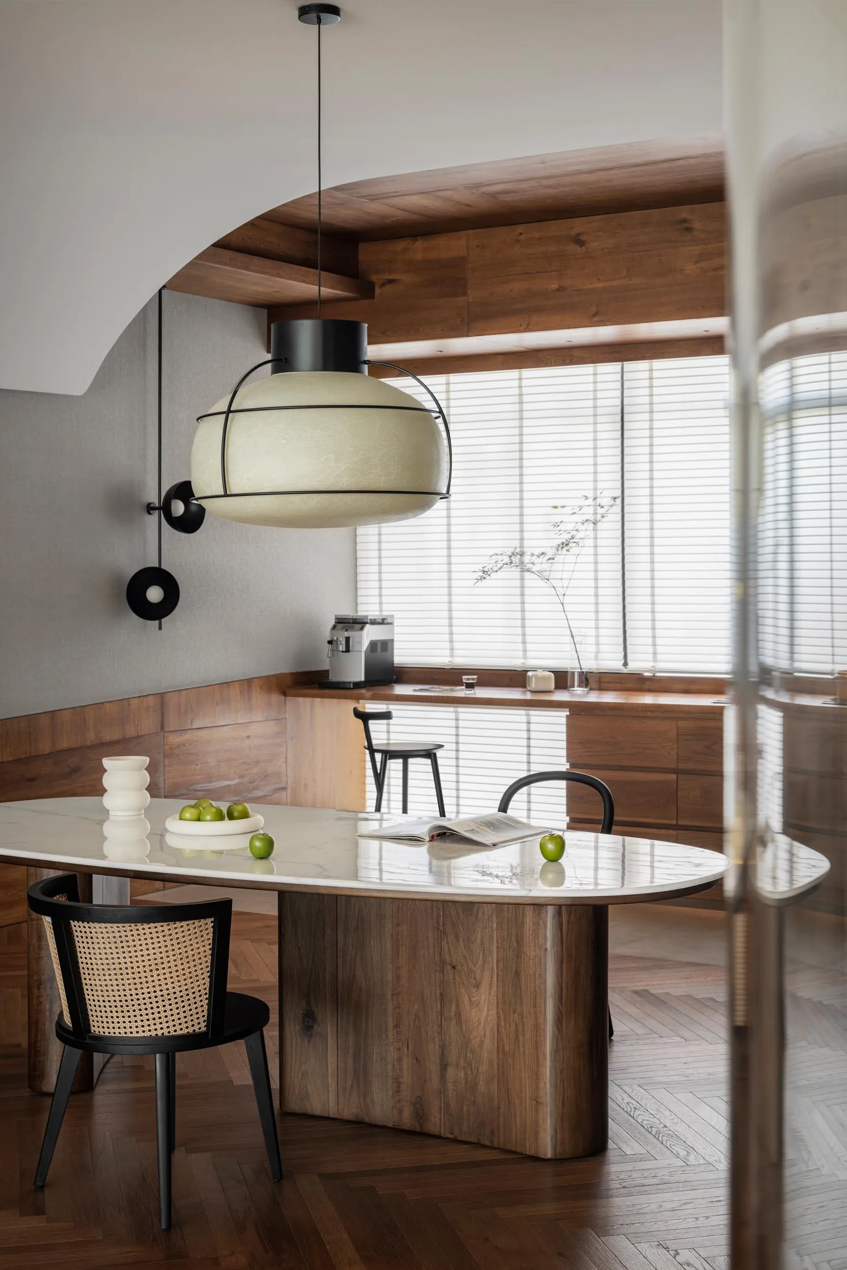 Modern interior design space featuring marble elements.