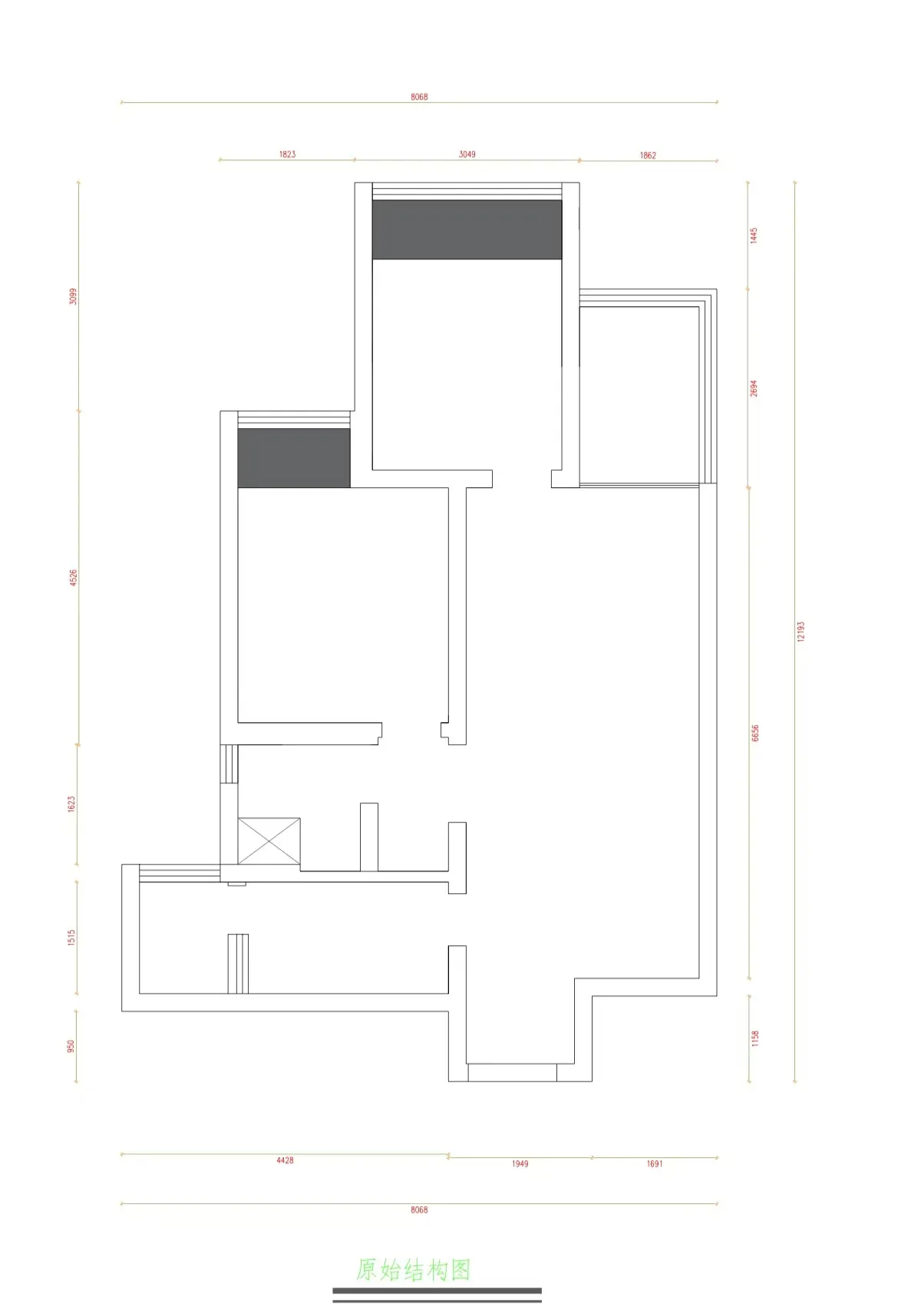 Detailed floor plan of a residential building with dimensions and structural layout.