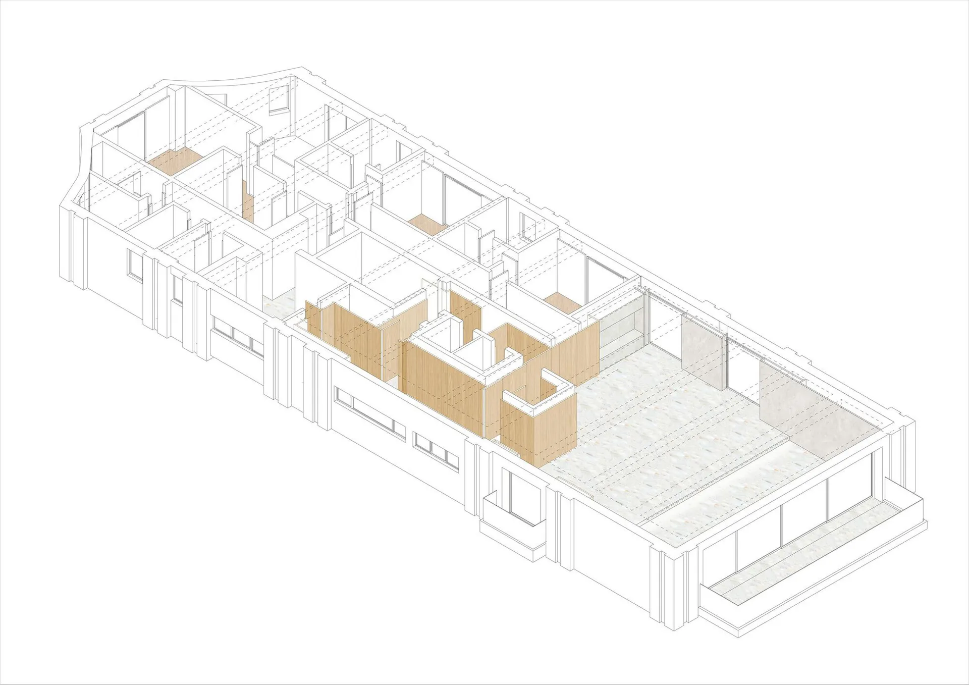 住宅以混凝土、玻璃與木質材料呈現的建築平面圖。