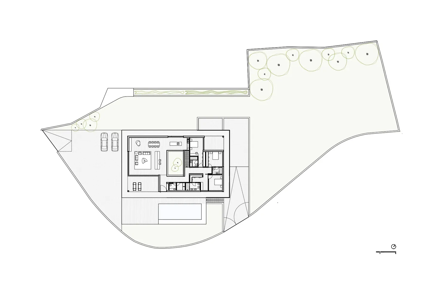 Floor plan of a modern residential design, showcasing contemporary layout and space utilization.