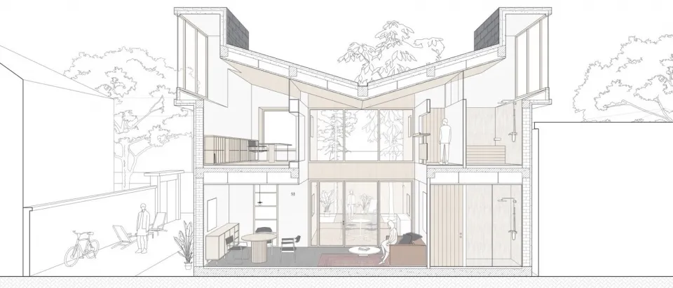 一張詳細的現代家居建築圖，展示室內設計與木質材料的運用。