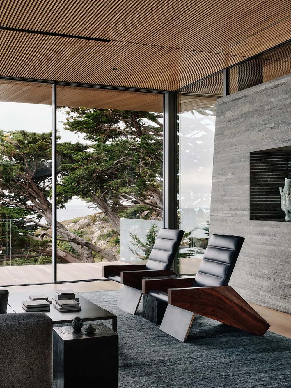 Modern living room featuring wood, glass, stone, and leather materials.