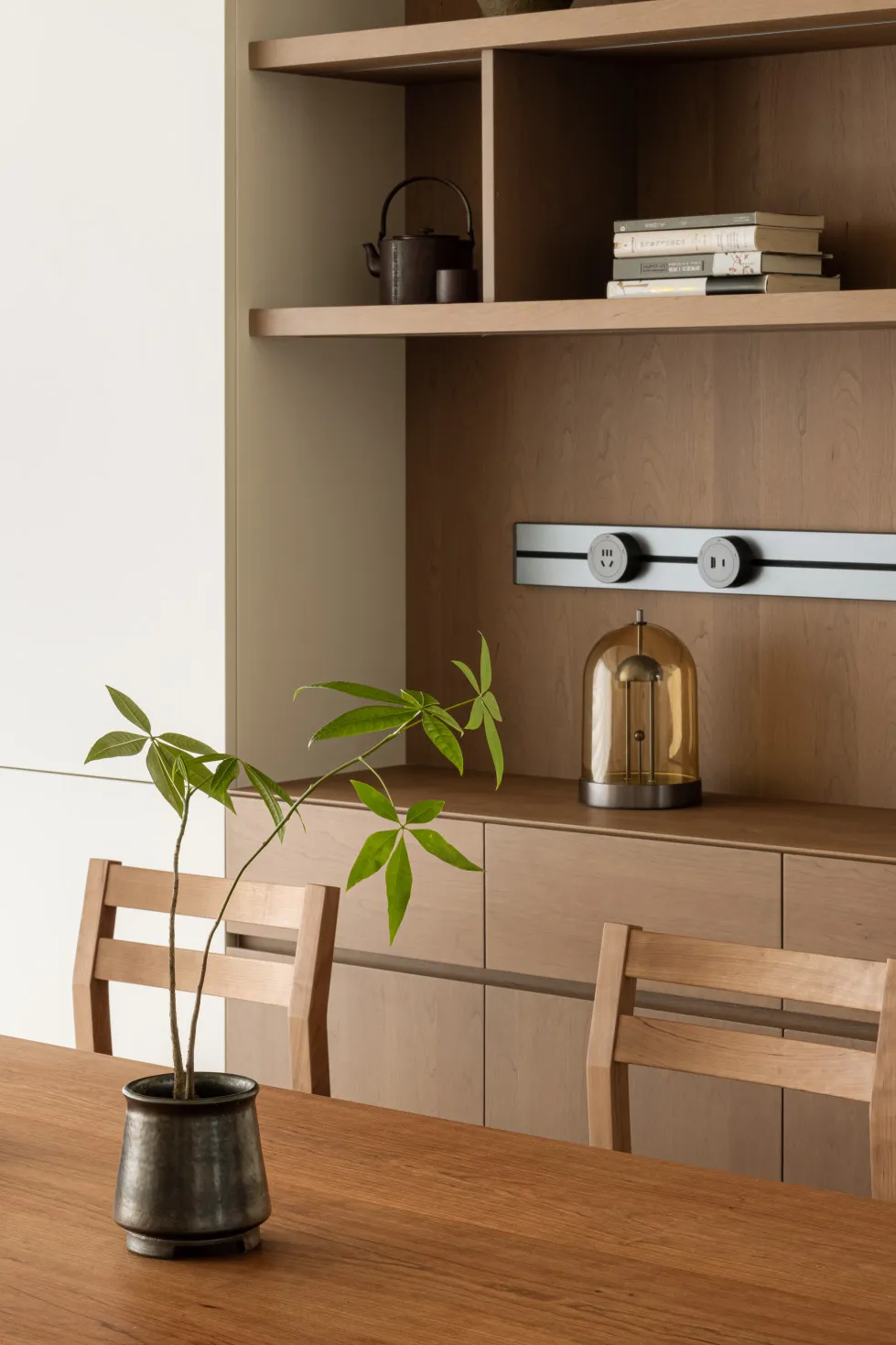 A modern dining room with wooden furniture and green plant