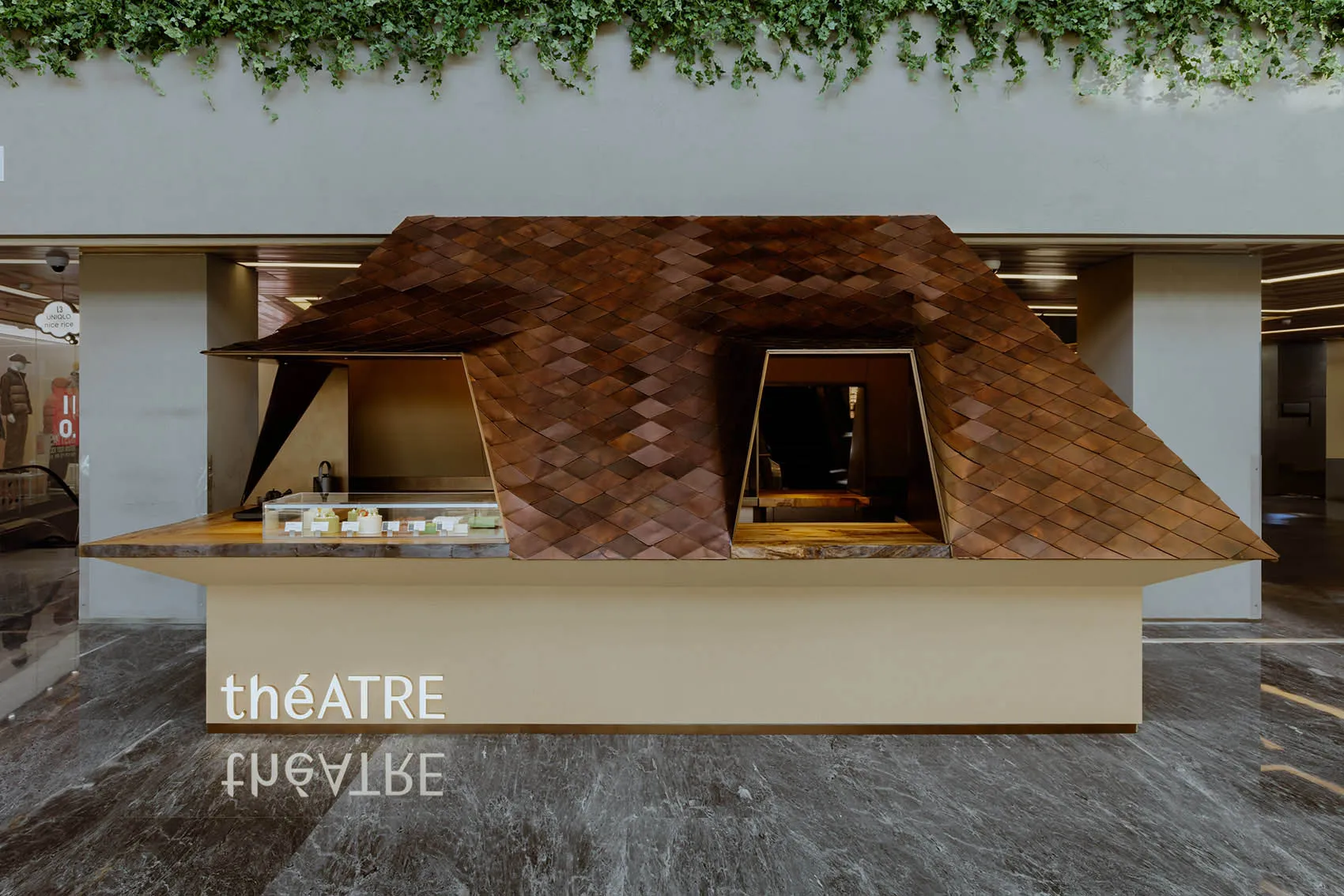A modern coffee shop with a wooden roof and a glass wall.