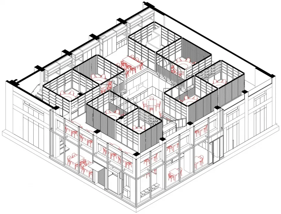 An isometric view of a modern office layout with metallic dividing walls and glass walls.
