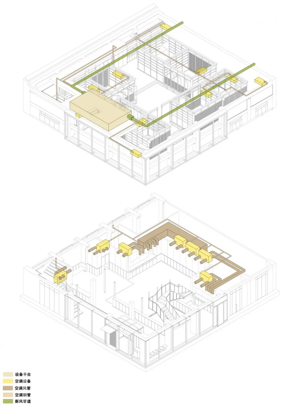 一張顯示建築物內金屬空調分配系統的技術圖面。