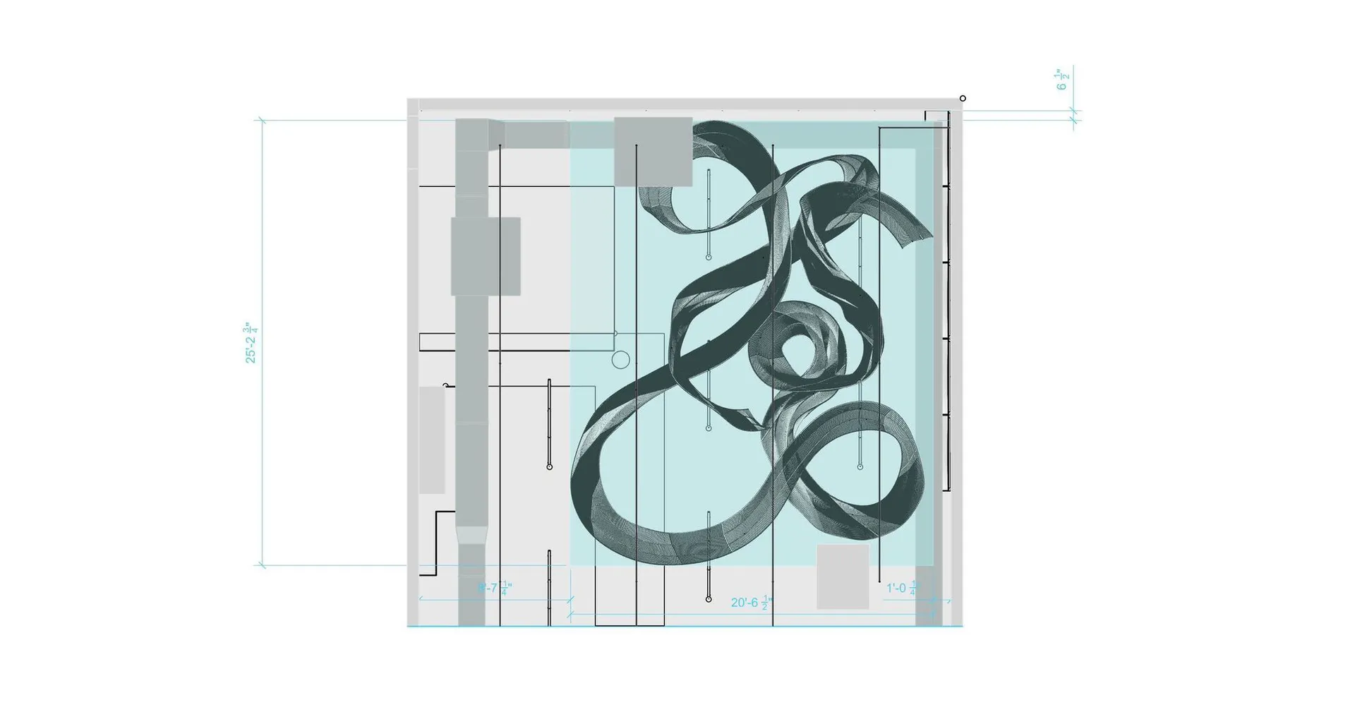 Detailed architectural plan of a modern interior room, featuring various dimensions and design elements.
