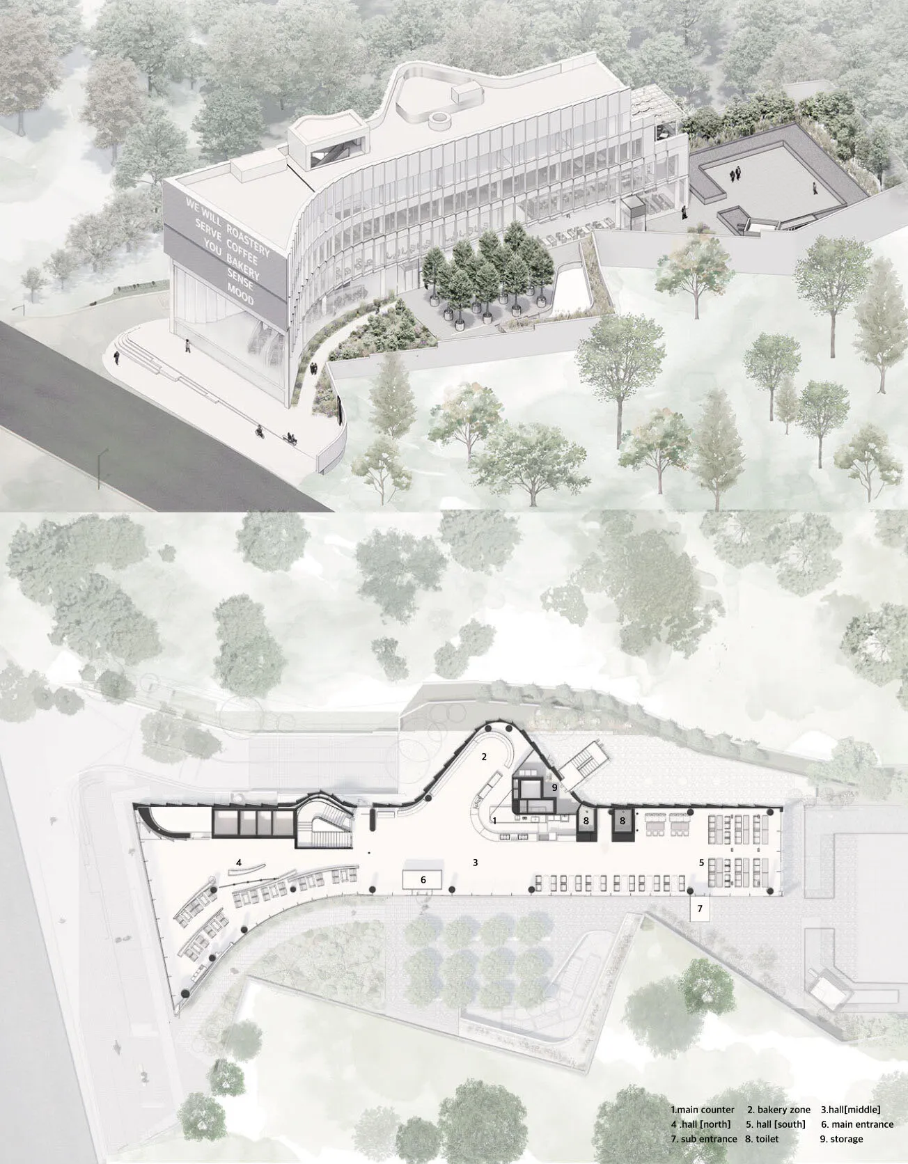 Rendering of a commercial space with architectural details and functional zones.