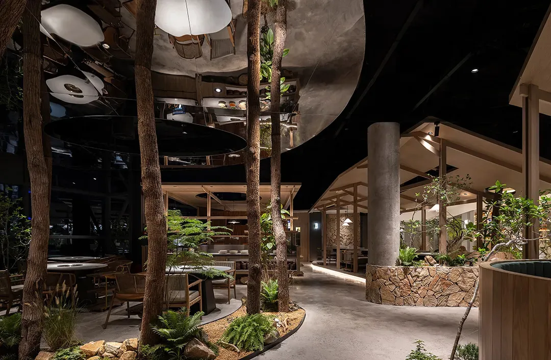 Industrial design restaurant interior with concrete, glass, and wooden elements