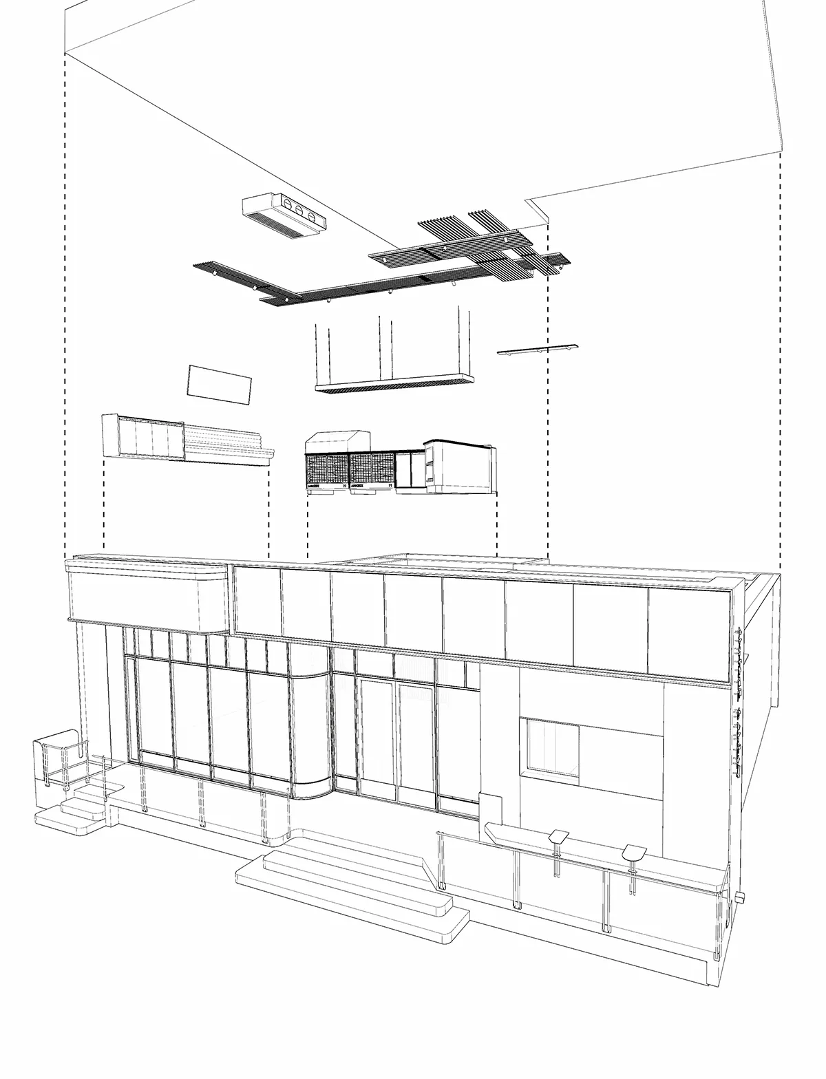 現代室內設計，展現金屬天花板以及當代家具與燈具。