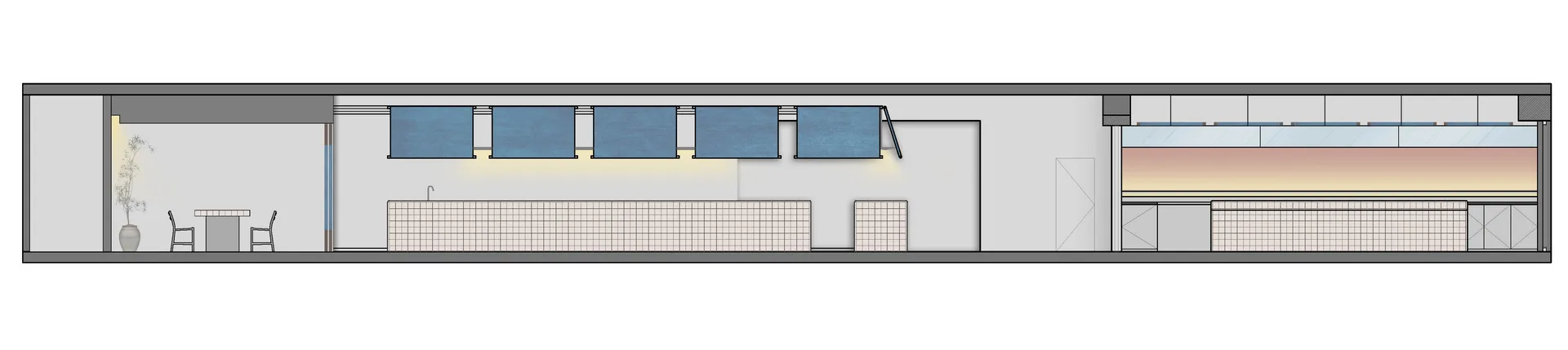 現代辦公室空間的剖面圖，展示瓷磚地板與當代設計原則。