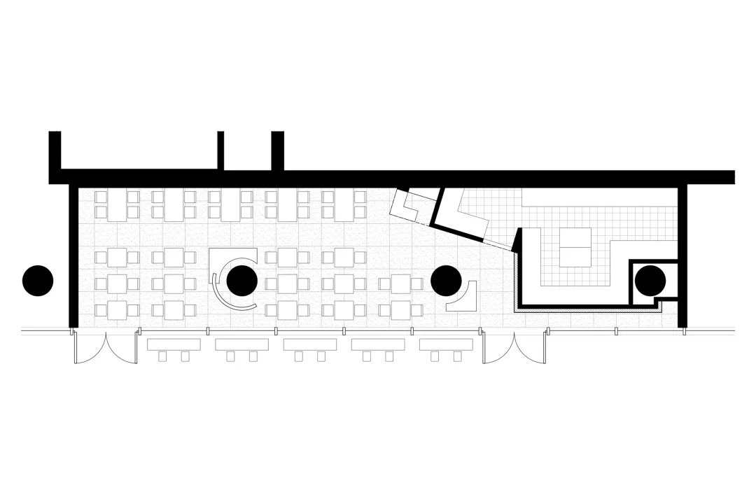 2D architectural drawing of a restaurant floor plan with a tile pattern.