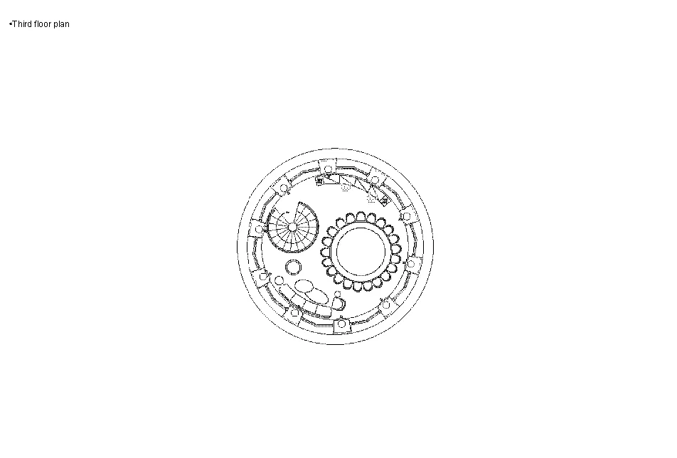 Circular architectural floor plan depicting a space with various rooms and features.