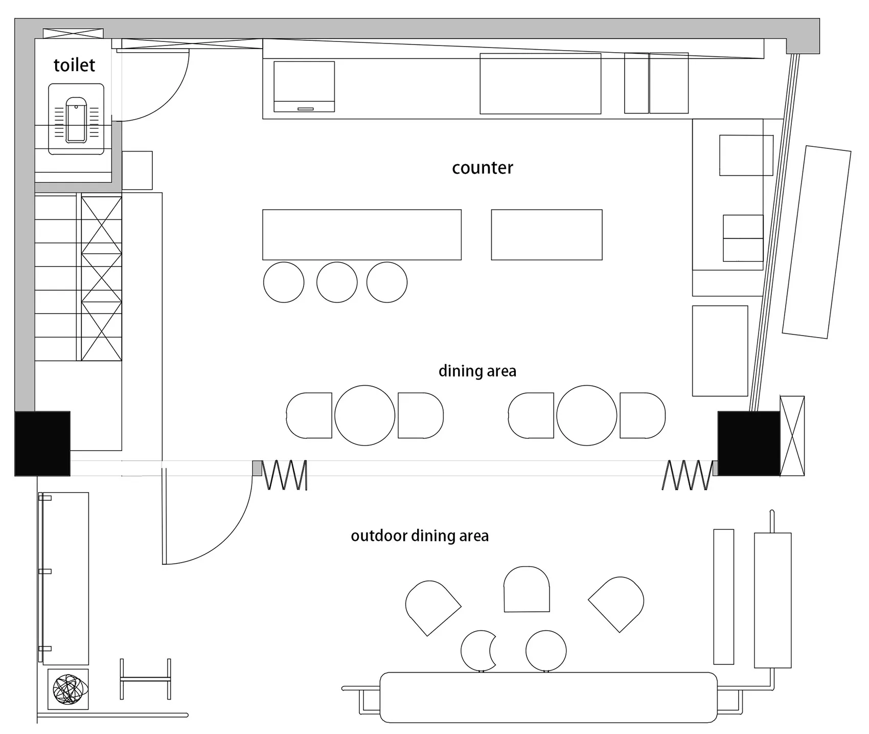 Floor plan of a commercial dining venue with areas for counter, indoor dining, and outdoor dining.