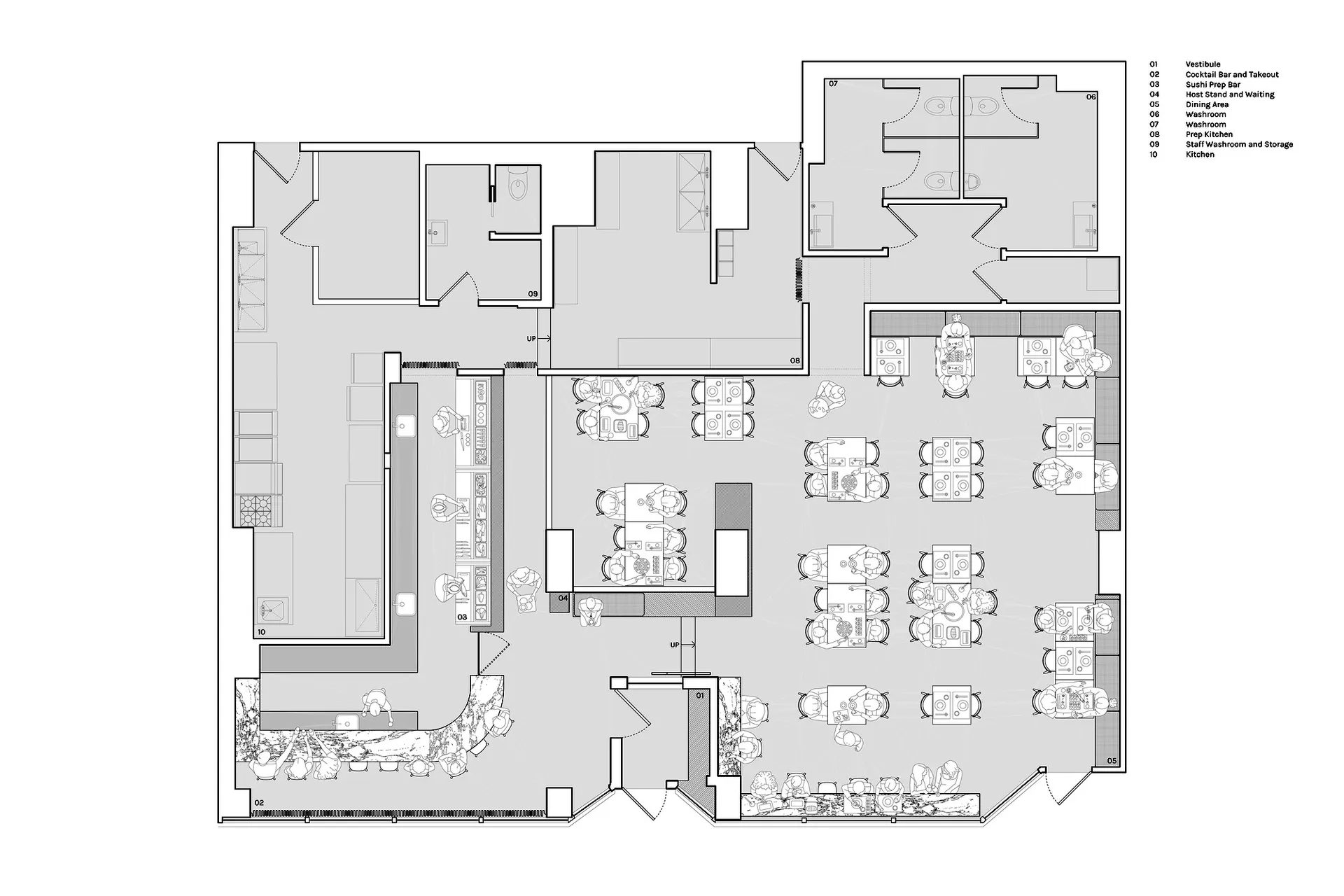 Detailed architectural floor plan of a restaurant showing dining areas, kitchen, bar, and restrooms.