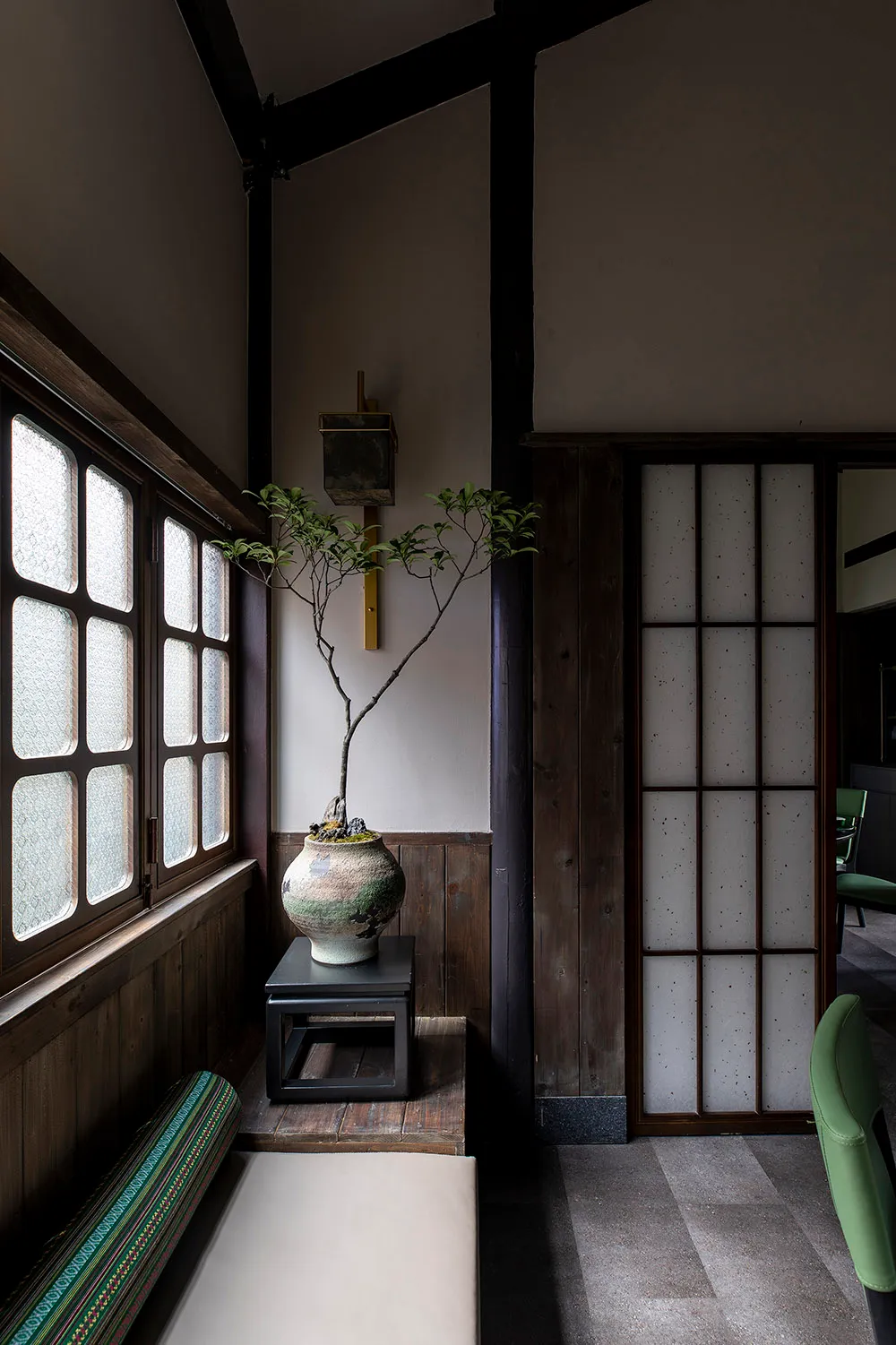 A modern residential interior with dark wood paneling, bonsai tree, and traditional Japanese sliding doors.
