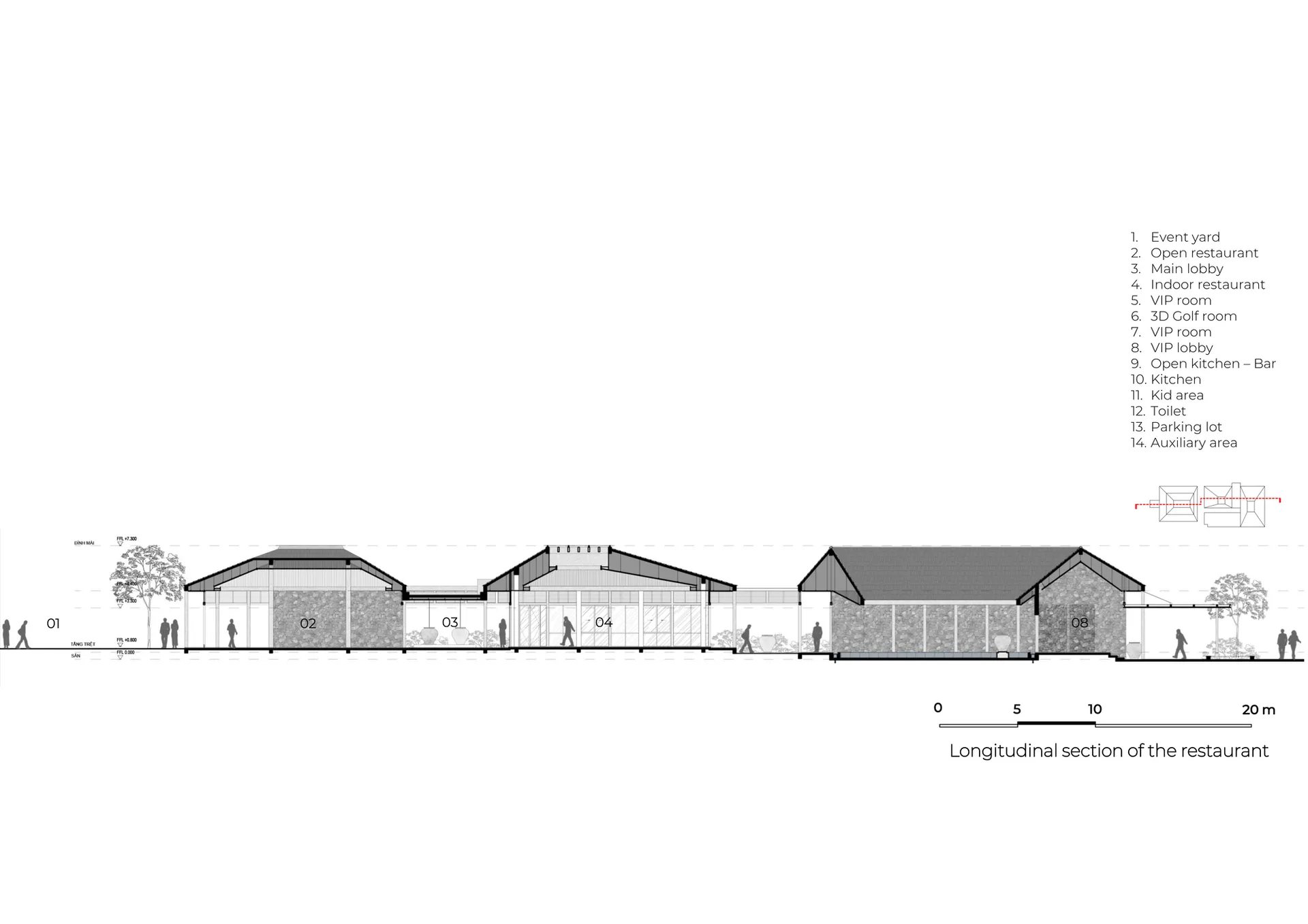 Longitudinal section of a restaurant with concrete structures and glass façades.