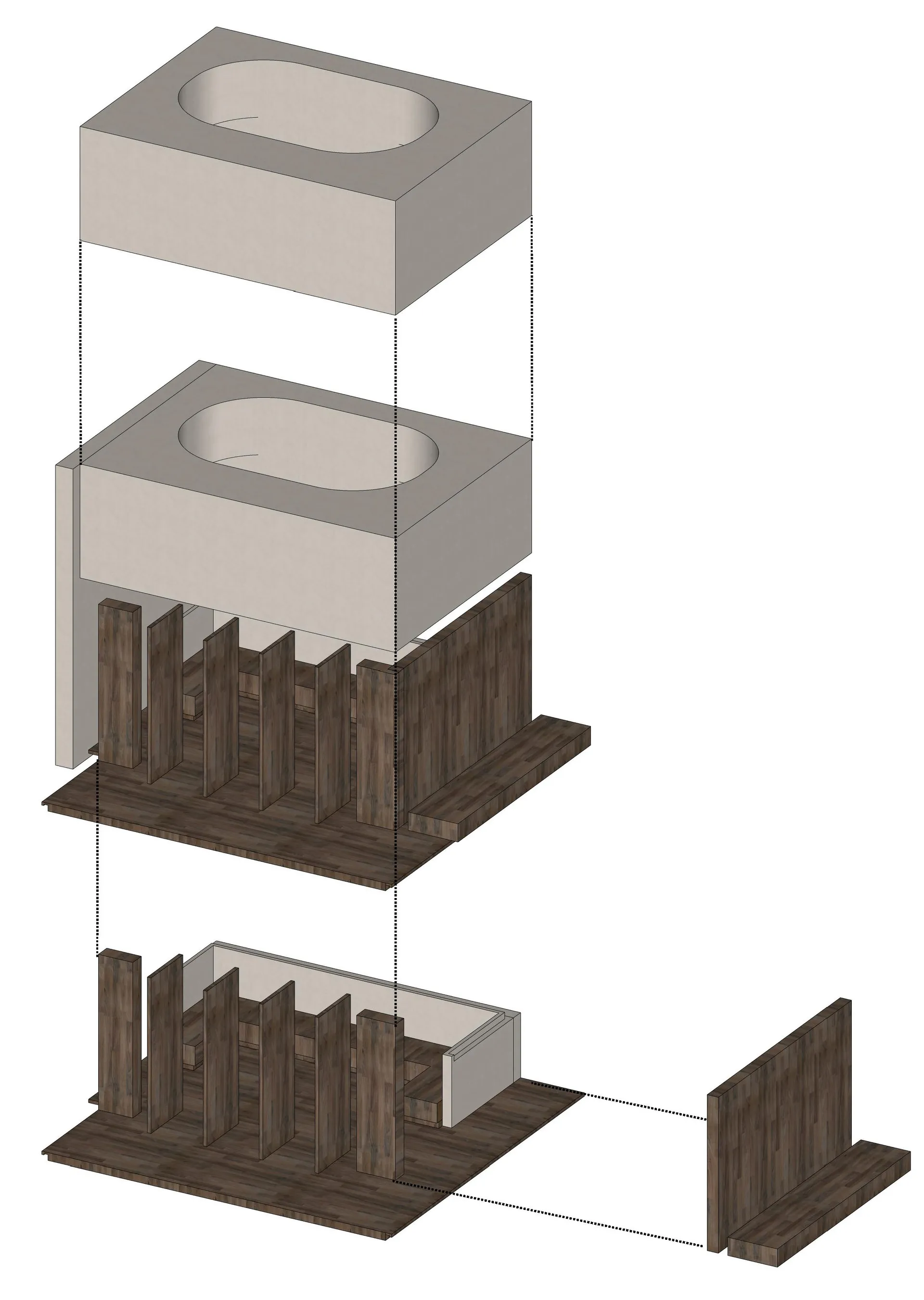 3D rendering of a modern bathroom with concrete walls and wooden accents.