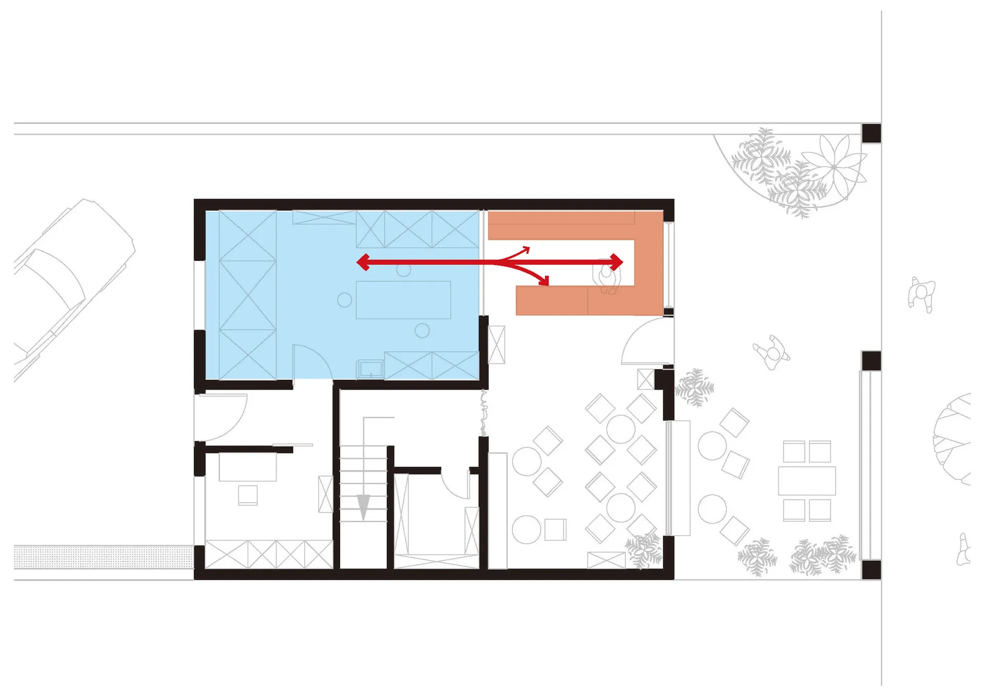 Floor plan of an indoor-outdoor living space with a study area.