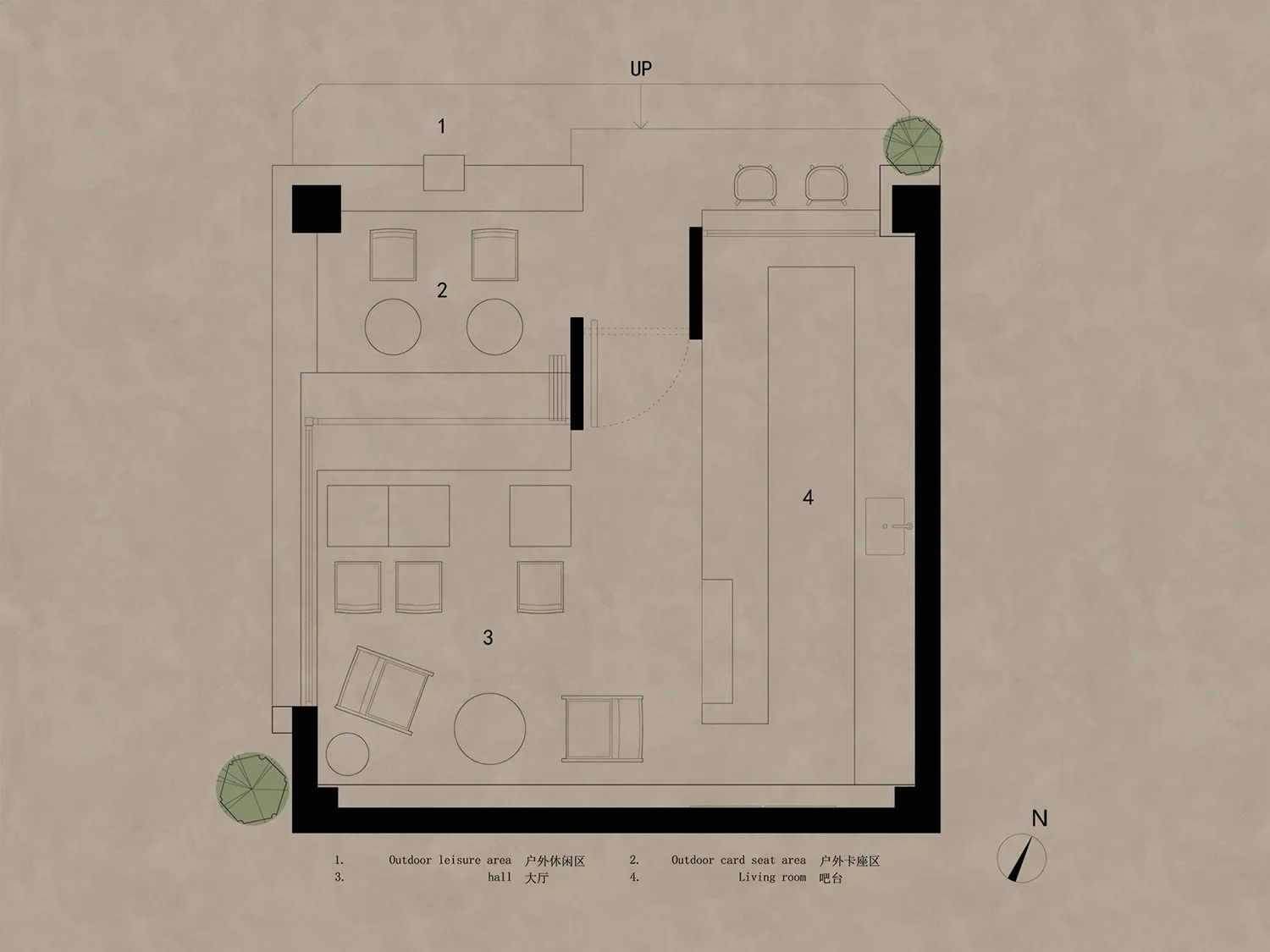 Floor plan of a modern design featuring an outdoor leisure area, hall, outdoor card seat area, living room, and bar counter.