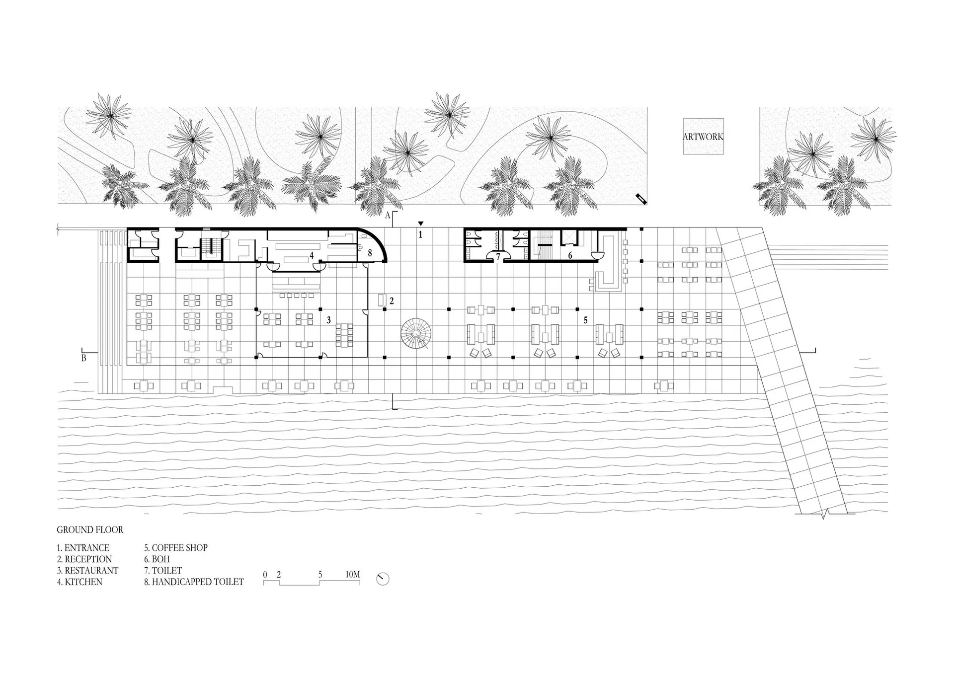 黑白建築圖,呈現餐廳一樓的平面配置,顯示各功能區域