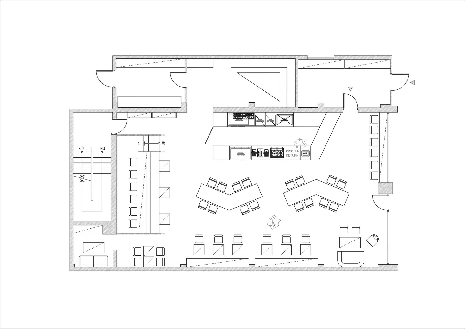A detailed 2D architectural floor plan of a restaurant kitchen, showcasing working stations and storage areas.