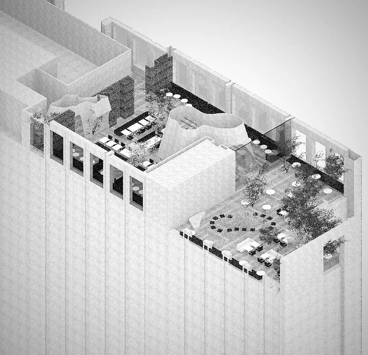 A modern rooftop terrace constructed of concrete materials.