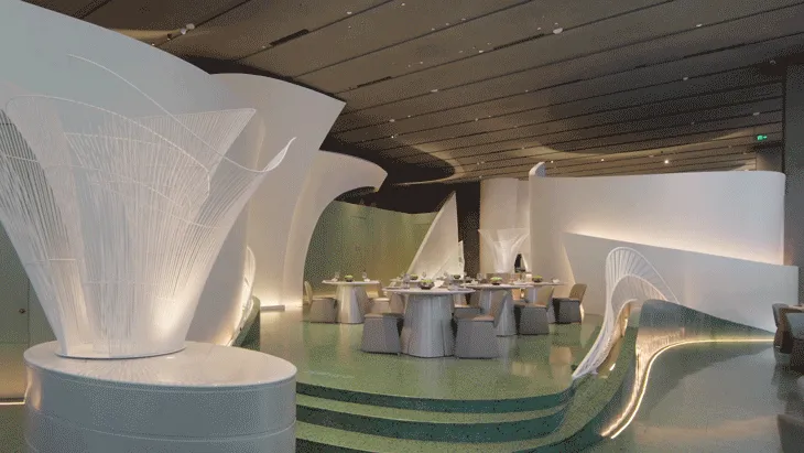 Modern restaurant with concrete walls and illuminated lighting features