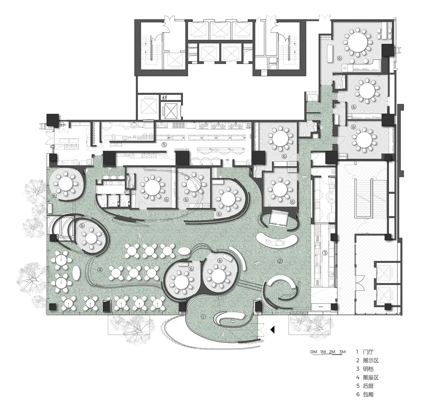餐廳的2D建築平面圖,包含多個用餐區域與廚房區塊。